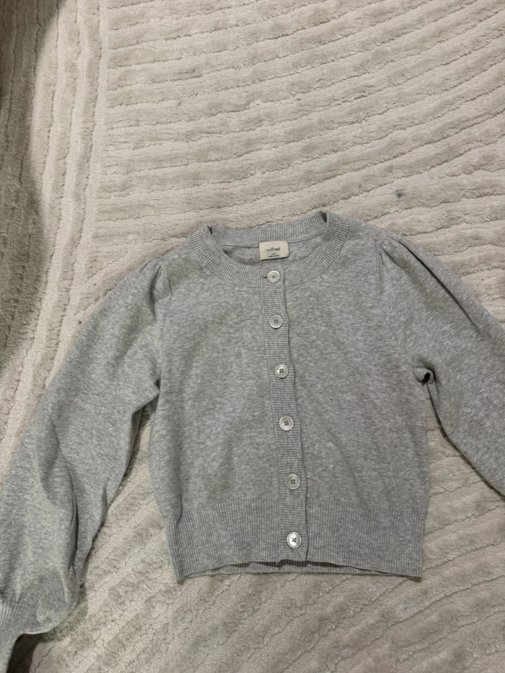 Wilfred Light Gray Button Puff-Shoulder Cardigan